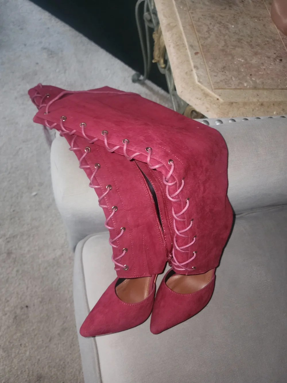 Women's Lace-Up Knee High Pointed-Toe Boots - Cherry Red